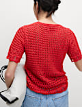 Cotton Blend Pointelle Scallop Edge Knitted Top