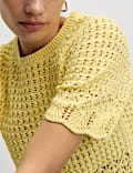 Cotton Blend Pointelle Scallop Edge Knitted Top