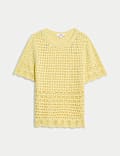 Cotton Blend Pointelle Scallop Edge Knitted Top