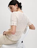 Cotton Blend Pointelle Scallop Edge Knitted Top