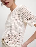 Cotton Blend Pointelle Scallop Edge Knitted Top