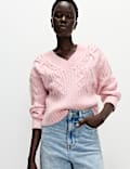 Cable Knit V-Neck Cropped Jumper with Alpaca Wool