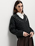 Cable Knit V-Neck Cropped Jumper with Alpaca Wool