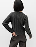 Ribbed Crew Neck Cardigan with Wool
