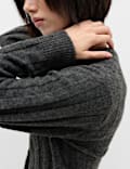 Ribbed Crew Neck Cardigan with Wool
