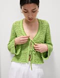 Cotton Blend Pointelle V-Neck Tie Front Cropped Cardigan