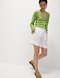 Cotton Blend Pointelle V-Neck Tie Front Cropped Cardigan