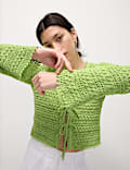 Cotton Blend Pointelle V-Neck Tie Front Cropped Cardigan