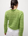 Cotton Blend Pointelle V-Neck Tie Front Cropped Cardigan