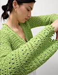 Cotton Blend Pointelle V-Neck Tie Front Cropped Cardigan