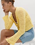 Cotton Blend Pointelle V-Neck Tie Front Cropped Cardigan