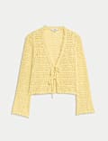 Cotton Blend Pointelle V-Neck Tie Front Cropped Cardigan