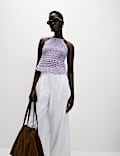 Cotton Blend Pointelle Square Neck Slim Knitted Vest