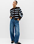 Striped Crew Neck Button Front  Cardigan with Wool