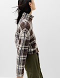 Checked Funnel Neck Relaxed Fit Knitted Jacket