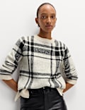 Pull à col rond coupe décontractée à carreaux avec laine