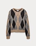 Argyle Crew Neck Cardigan With Wool