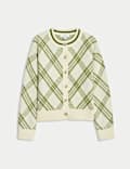 Checked Crew Neck Cardigan With Wool