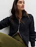 Bouclé Zip Up Collared Knitted Jacket with Wool