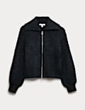 Bouclé Zip Up Collared Knitted Jacket with Wool