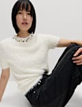 Embellished Crew Neck Fitted Knitted Top