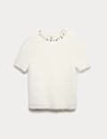 Embellished Crew Neck Fitted Knitted Top