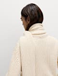 Wool Blend Ribbed Scarf Neck Zip Cardigan