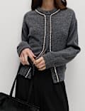 Gem Detail Crew Neck Cardigan with Wool