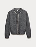 Gem Detail Crew Neck Cardigan with Wool