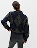 Argyle Collared Zip Up Knitted Jacket With Wool