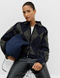 Argyle Collared Zip Up Knitted Jacket With Wool