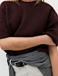 Ribbed Crew Neck Relaxed Knitted Top with Wool