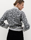 Animal Print Funnel Neck Relaxed Fit Jumper with Wool