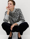 Animal Print Funnel Neck Relaxed Fit Jumper with Wool