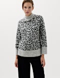Animal Print Funnel Neck Relaxed Fit Jumper with Wool