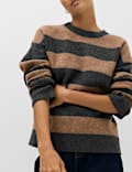 Gestreifter Relaxed Fit Pullover mit Rundhalsausschnitt und Wollanteil