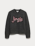 Embellished Slogan Crew Neck Jumper with Wool