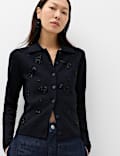 Embellished Collared Fitted Cardigan with Wool