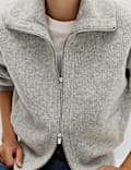 Textured Funnel Neck Relaxed Cardigan With Wool