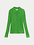 Ribbed Collared Button Detail Knitted Top