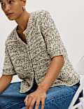 Cotton Blend Metallic Button Front Short Sleeve Cardigan