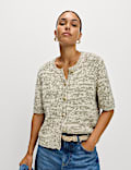 Cotton Blend Metallic Button Front Short Sleeve Cardigan