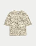 Cotton Blend Metallic Button Front Short Sleeve Cardigan
