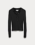 Ribbed Collared Button Detail Knitted Top