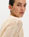 Cotton Blend Open Stitch Relaxed Cropped Cardigan