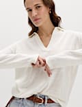 Collared Knitted Top with Linen