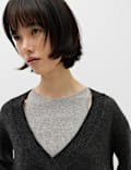 Ribbed V-Neck Double Layer Jumper with Wool