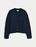 Cotton Rich Cable Knit V-Neck Cropped Cardigan