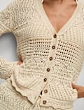 Cotton Blend Pointelle V-Neck Button Front Cardigan