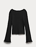 Cotton Blend Ribbed Slash Neck Fitted Cropped Knitted Top